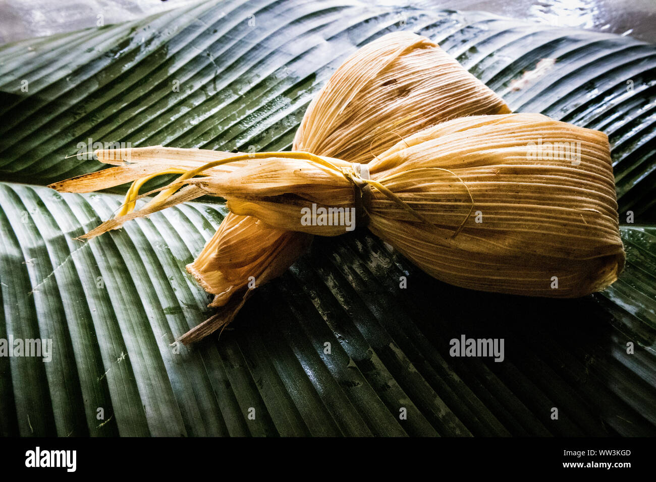 Chuchitos (Guatemalan Tamales) on Banana Leaf Stock Photo