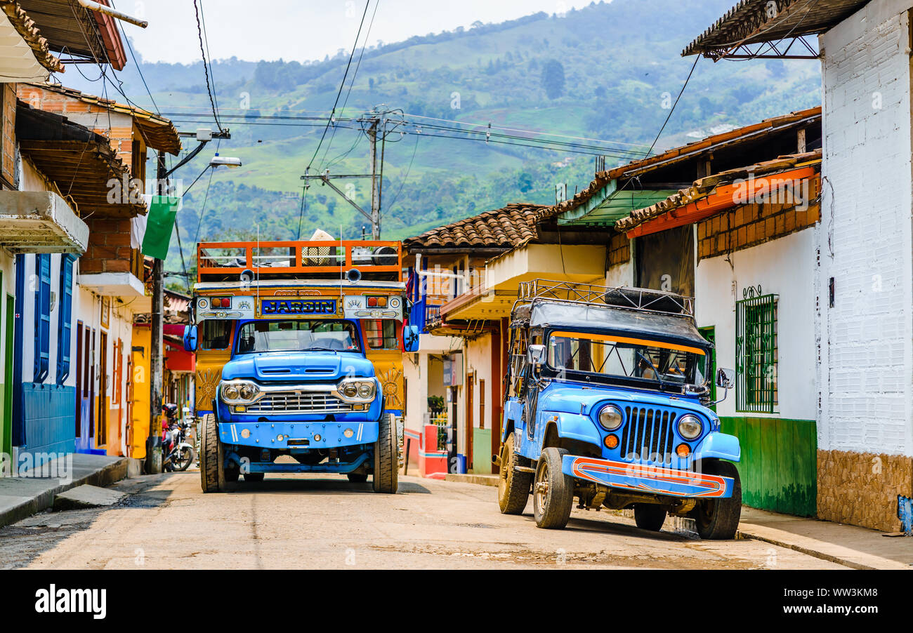 View on Typical colorful chicken bus near Jerico Antioquia, Colombia, South America Stock Photo