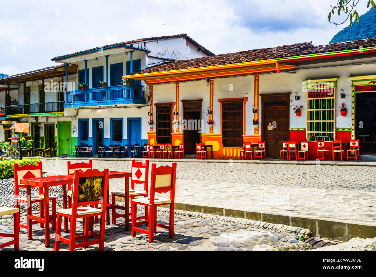 View on colonial architecture in the picturesque town of Jardin, Antioquia, Colombia Stock Photo