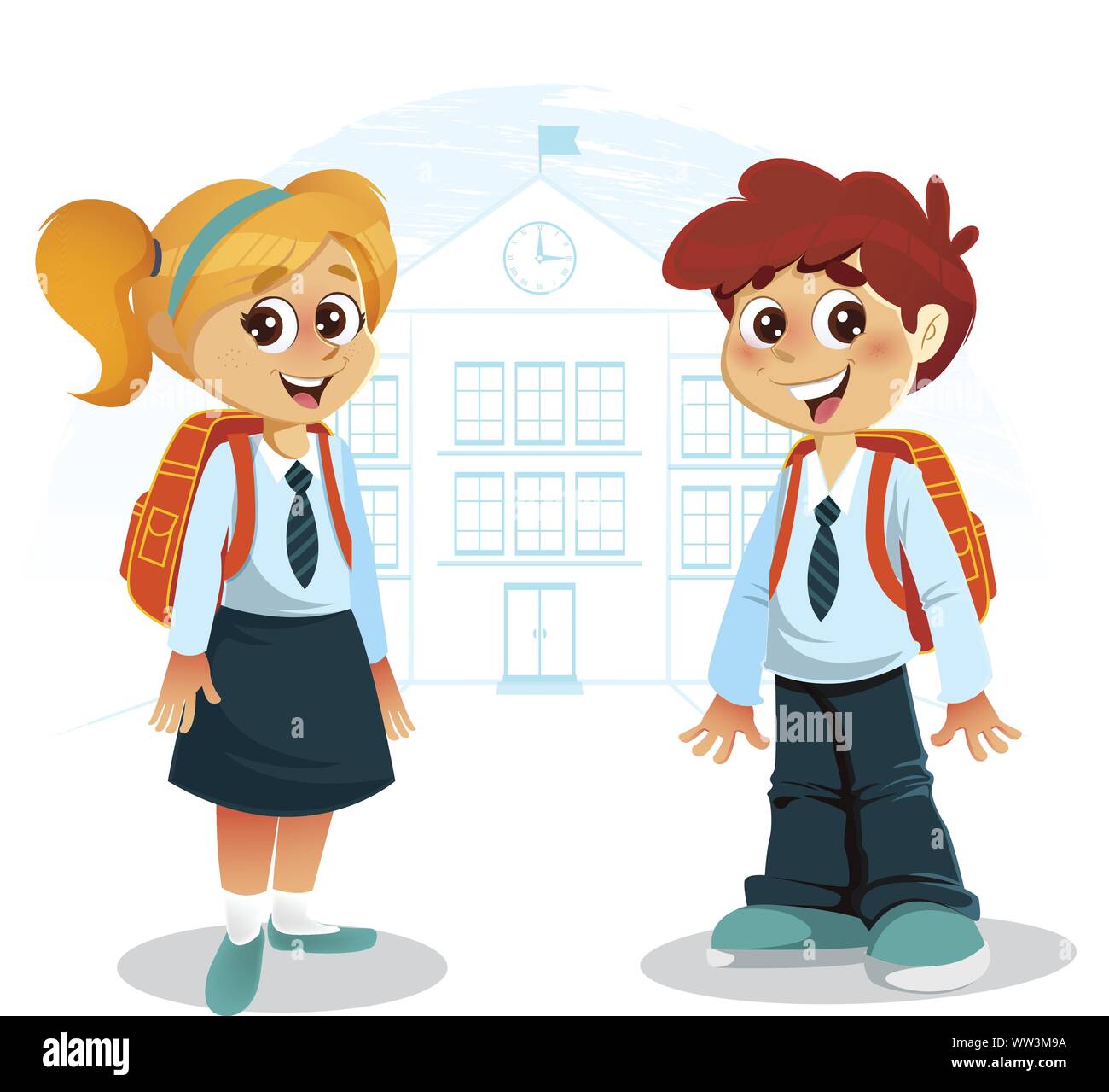 Happy Students Boy And Girl With Backpack In Front Of School Building Stock Vector Image Art Alamy