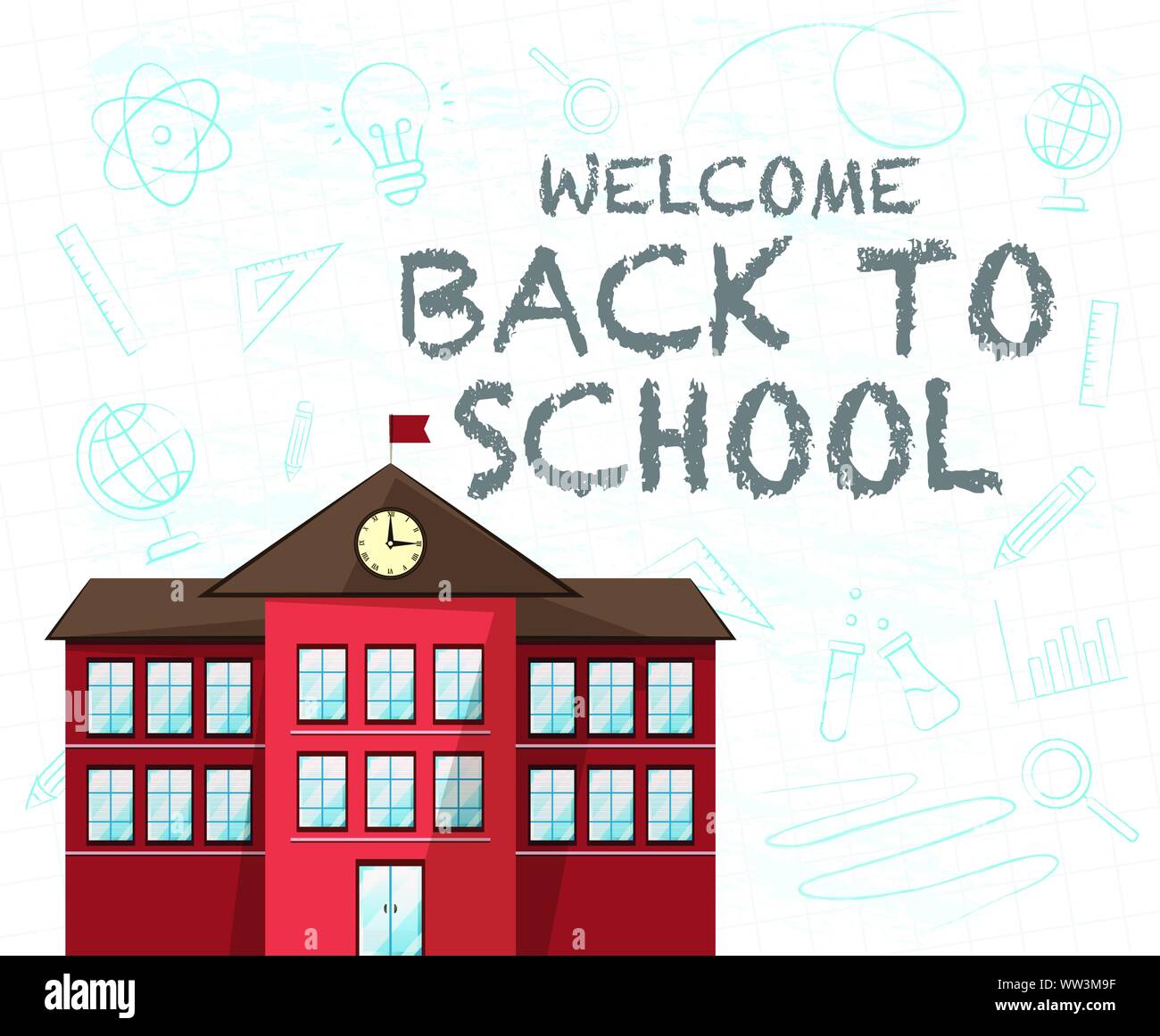 A Back to School Text and A School Red Building Stock Vector