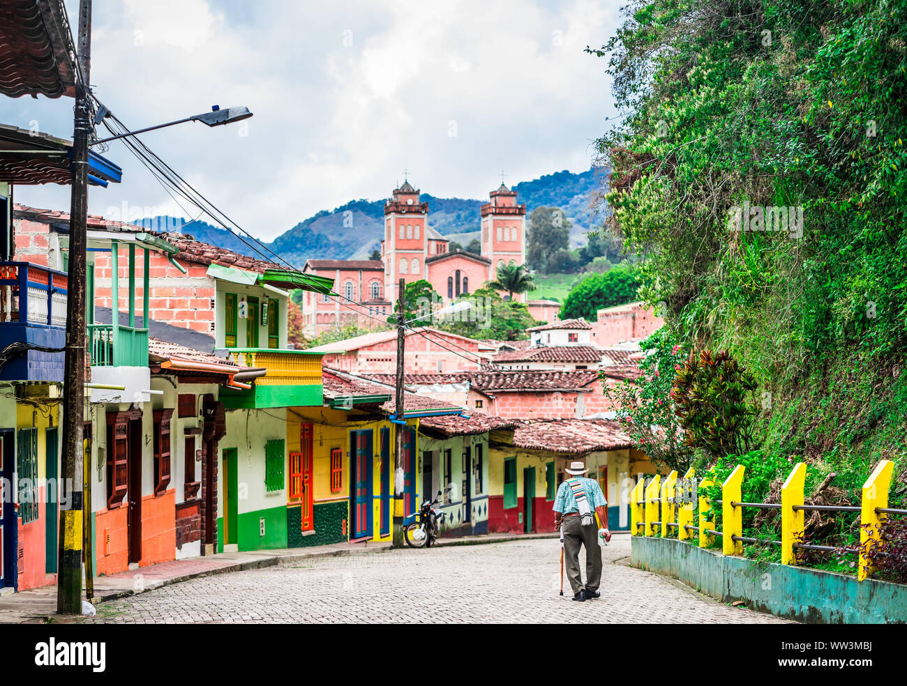 Old man in the streets of colonial village in the center of Jerico, Colombia Stock Photo