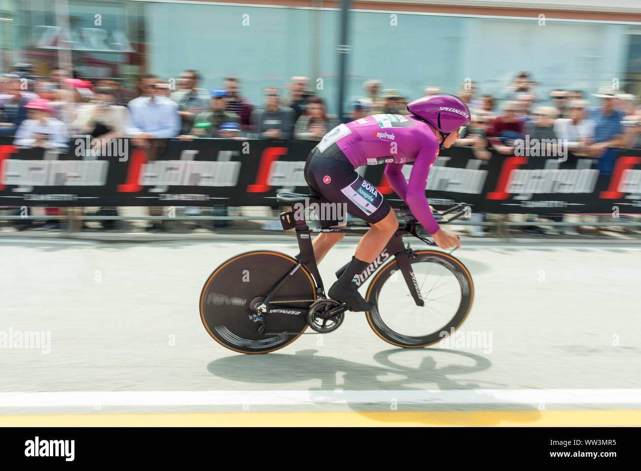Pascal Ackermann (Ger) of Bora-Hansgrohe  starts the individual time trial, stage nine, Giro d'Italia 2019, Riccione, Italy Stock Photo