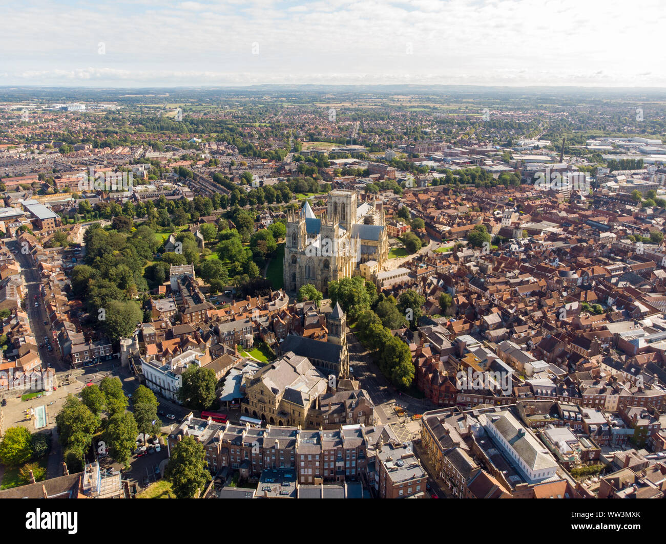 Aerial photo of the town of York located in North East England and founded by the ancient Romans, The Minster Historical Cathedral in the town centre Stock Photo