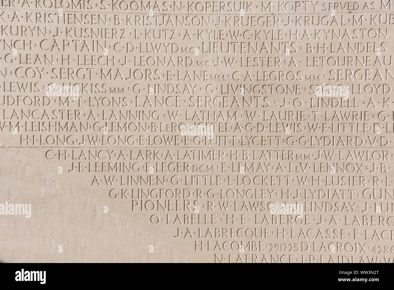 Some of the many names at the Canadian WWI memorial to soldiers who have no-known-grave who remain missing on the Somme Battlefield at Vimy Ridge Stock Photo