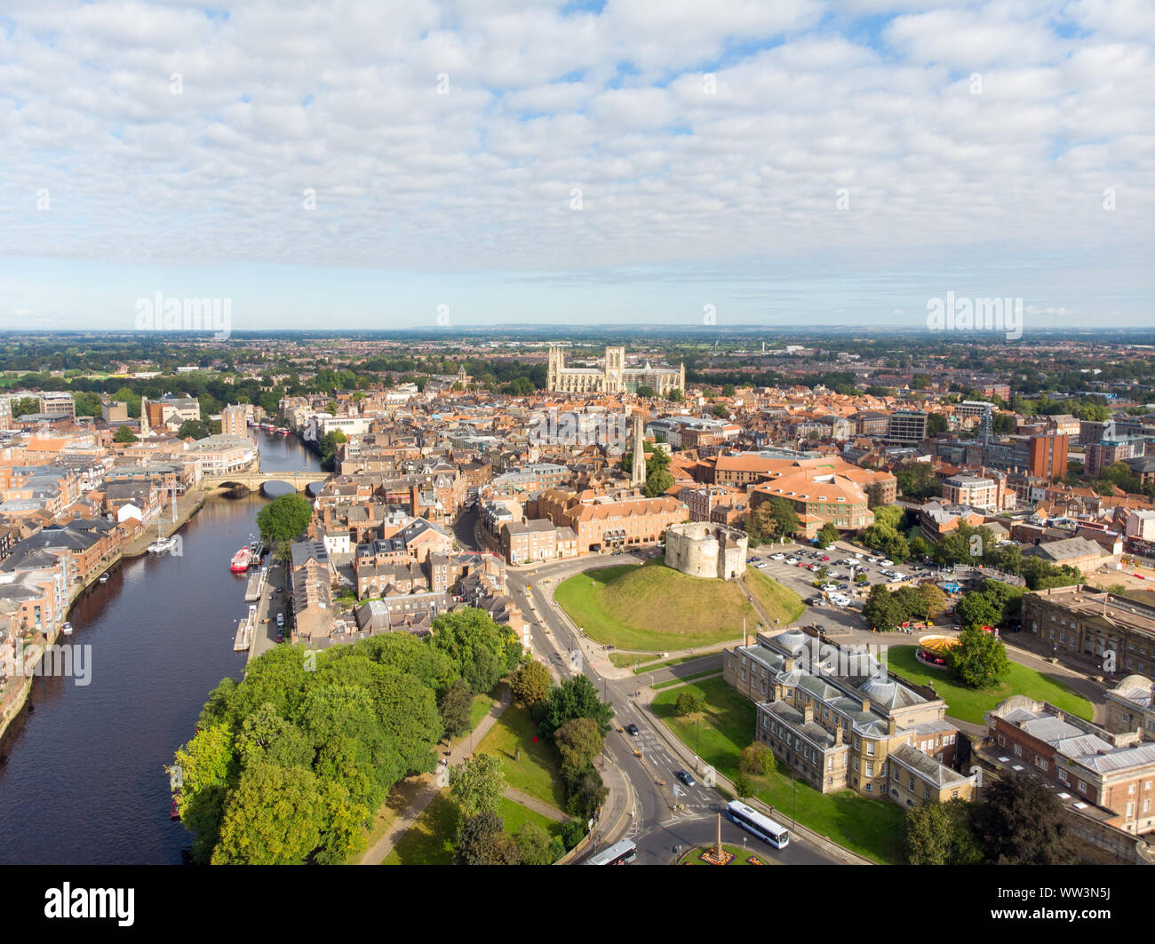 Aerial photo of the town of York located in North East England and founded by the ancient Romans, The Minster Historical Cathedral in the town centre Stock Photo