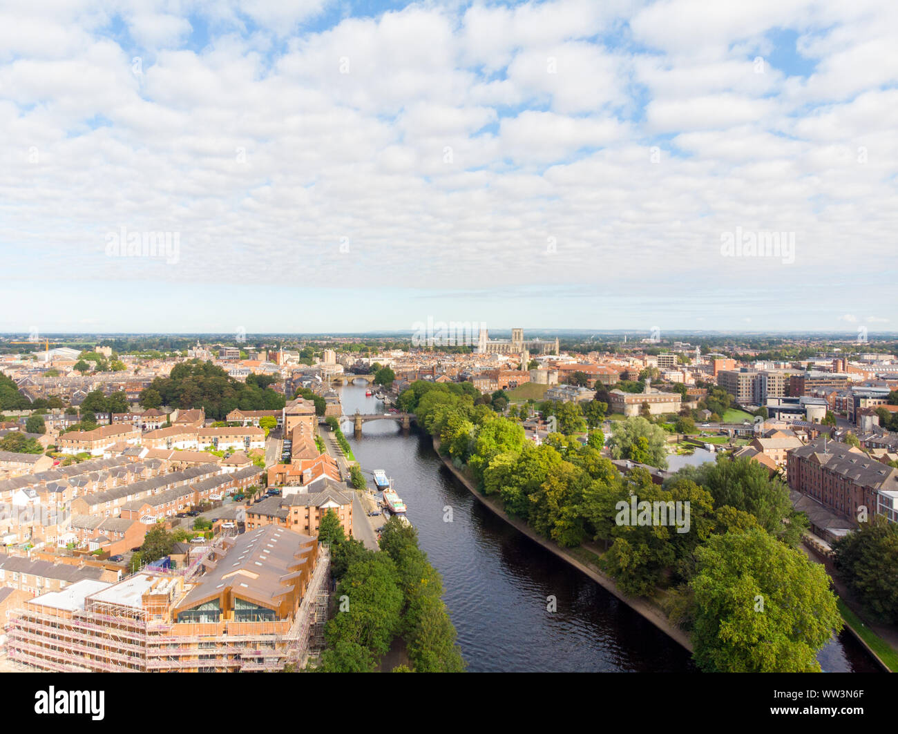 Aerial photo of the town of York located in North East England and founded by the ancient Romans, The Minster Historical Cathedral in the town centre Stock Photo