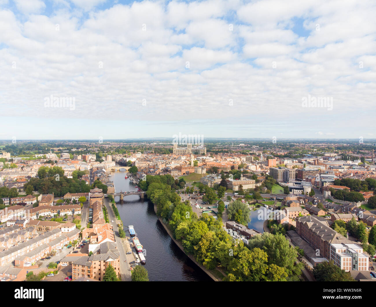 Aerial photo of the town of York located in North East England and founded by the ancient Romans, The Minster Historical Cathedral in the town centre Stock Photo