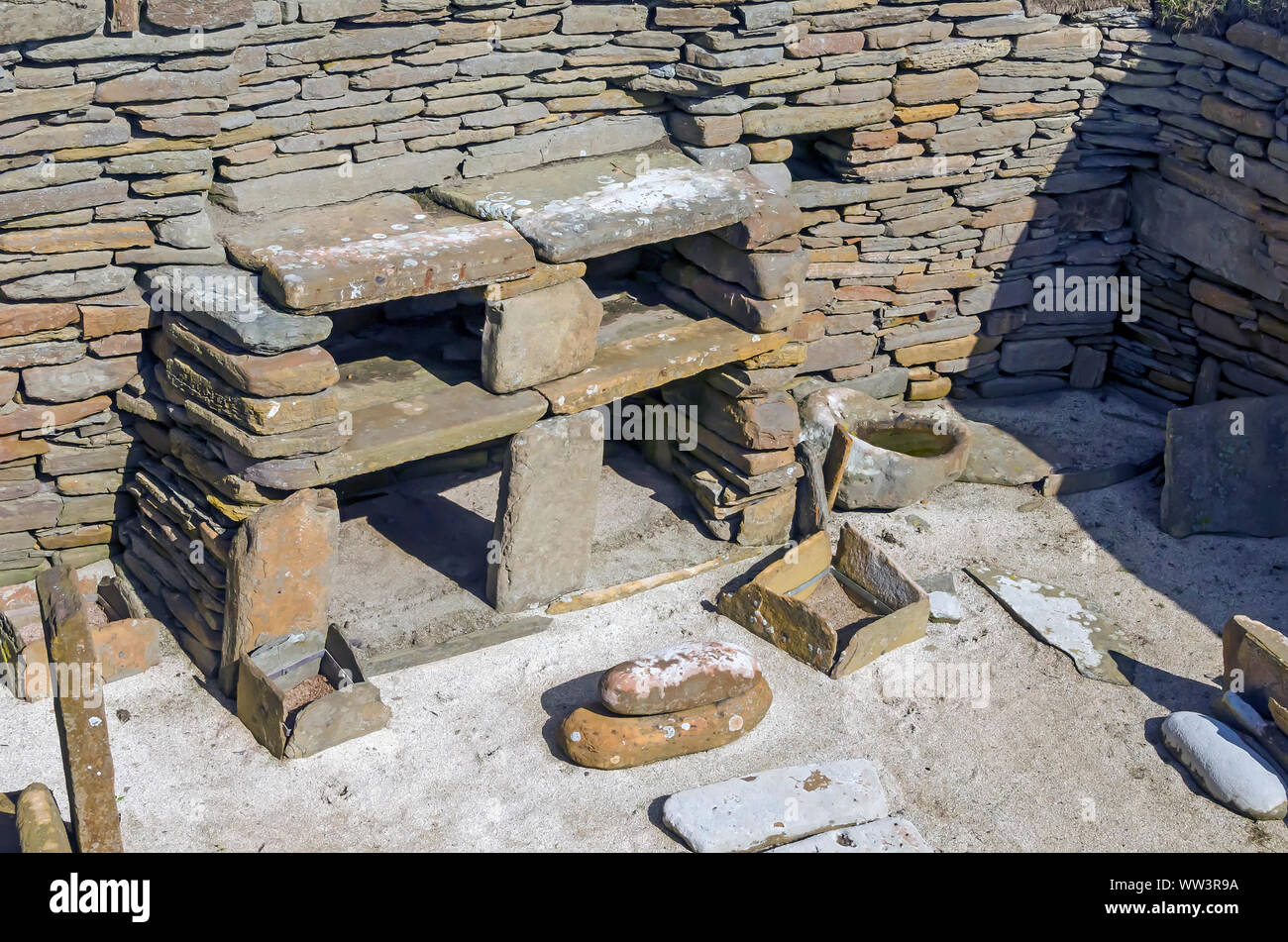 Skara Brae Neolitchic settlement  more than 5,000  years old is the best preserved Stone Age Neolithic village in northern Europe, Mainland Orkney, Sc Stock Photo