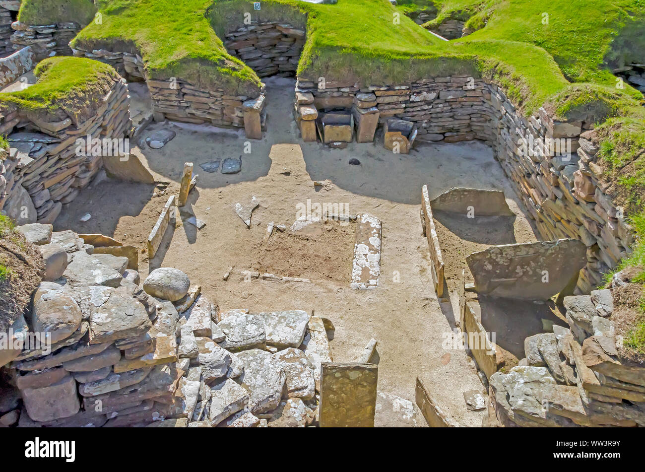 Skara Brae Neolitchic settlement  more than 5,000  years old is the best preserved Stone Age Neolithic village in northern Europe, Orkney, Scotland Stock Photo