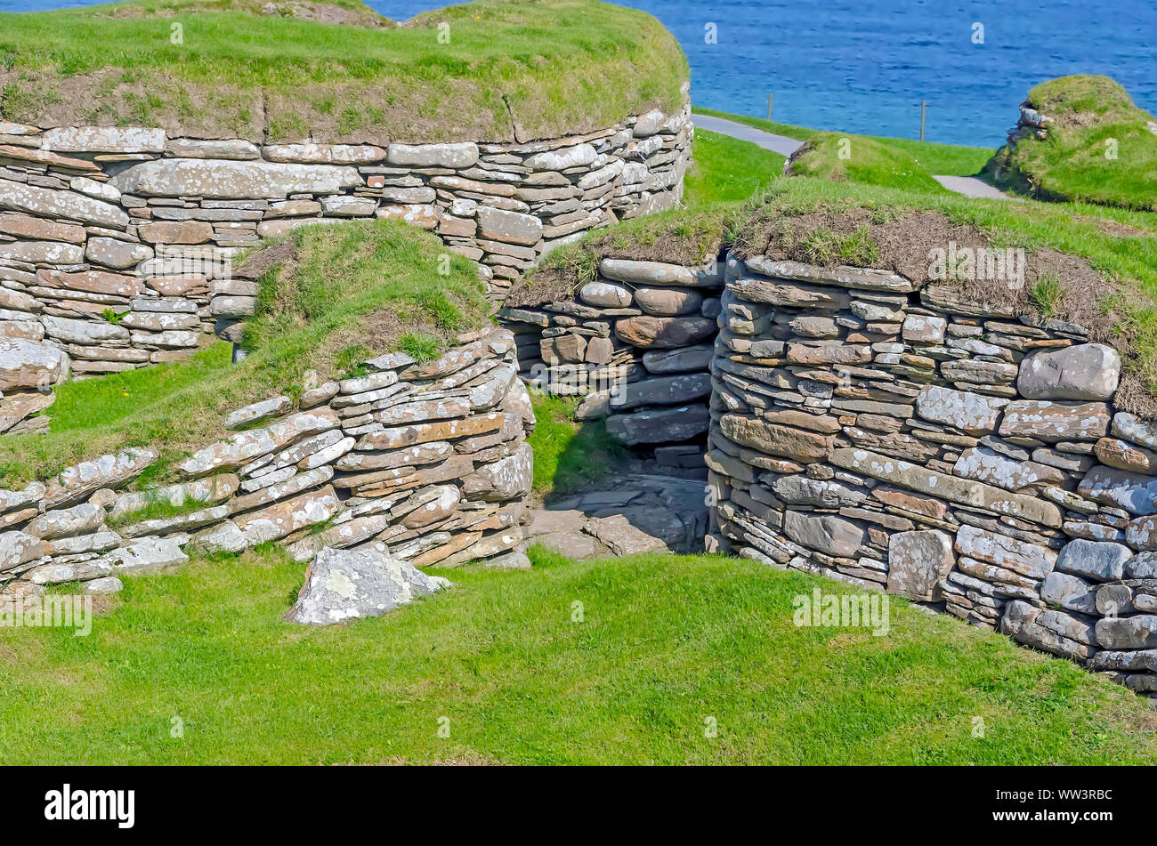 Skara Brae Neolitchic settlement  more than 5,000  years old is the best preserved Stone Age Neolithic settlement in northern Europe, Orkney, Scotland Stock Photo