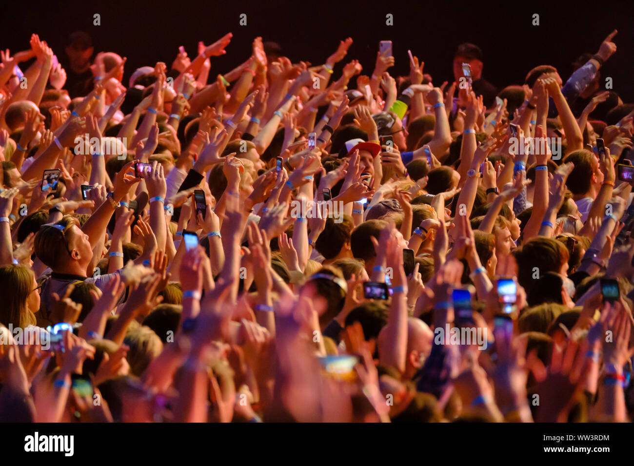 Crowd of fans are cheering at open-air music festival, back view Stock ...