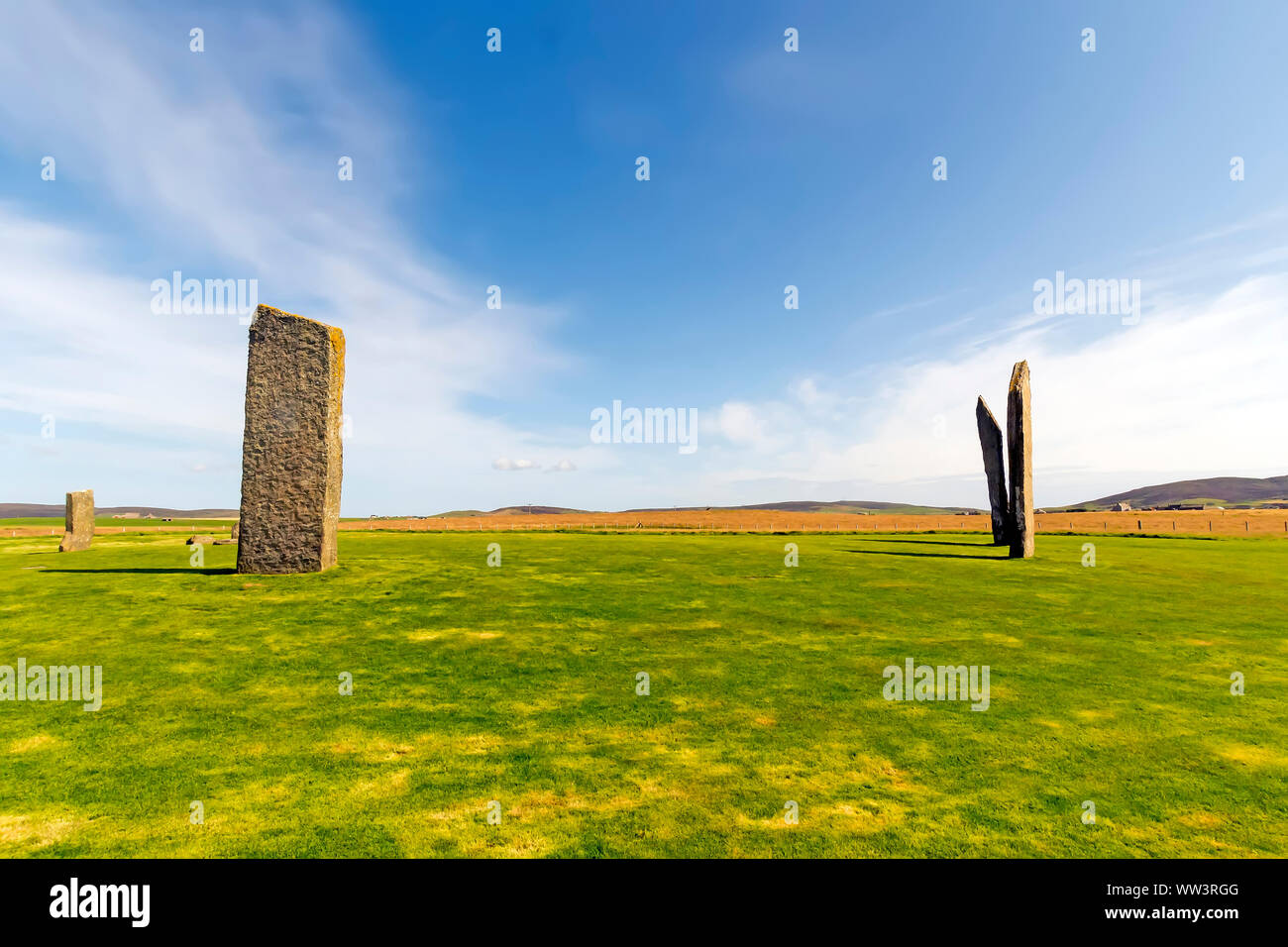 Standing Stones of Stenness dates from at least 3100BC and are part of the Heart of Neolithic Orkney UNESCO World Heritage Site, Scotland Stock Photo