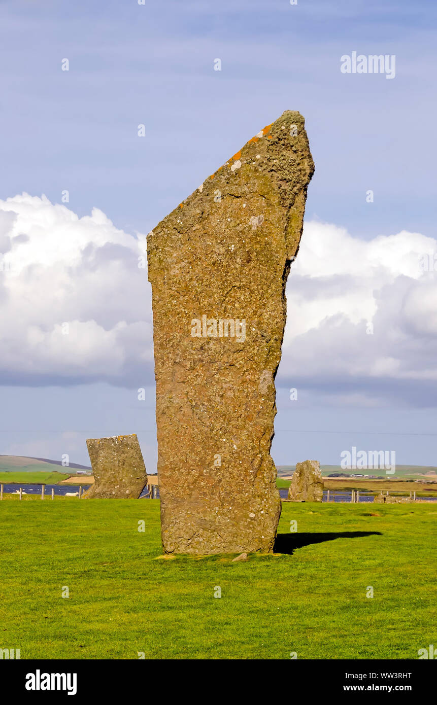 Standing Stones of Stenness dates from at least 3100BC and are part of the Heart of Neolithic Orkney UNESCO World Heritage Site, Scotland Stock Photo