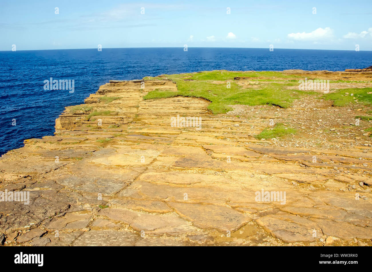 Yesnaby Cliffs are spectacular Old Red Sandstone cliffs on the west  Atlantic coast of of Orkney Mainland Scotland Stock Photo