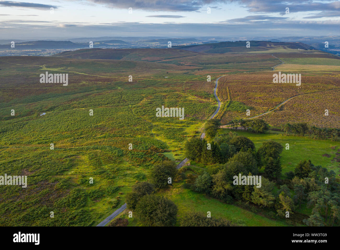 Drone view over vast upland plains in sunrise light in United Kingdom Stock Photo