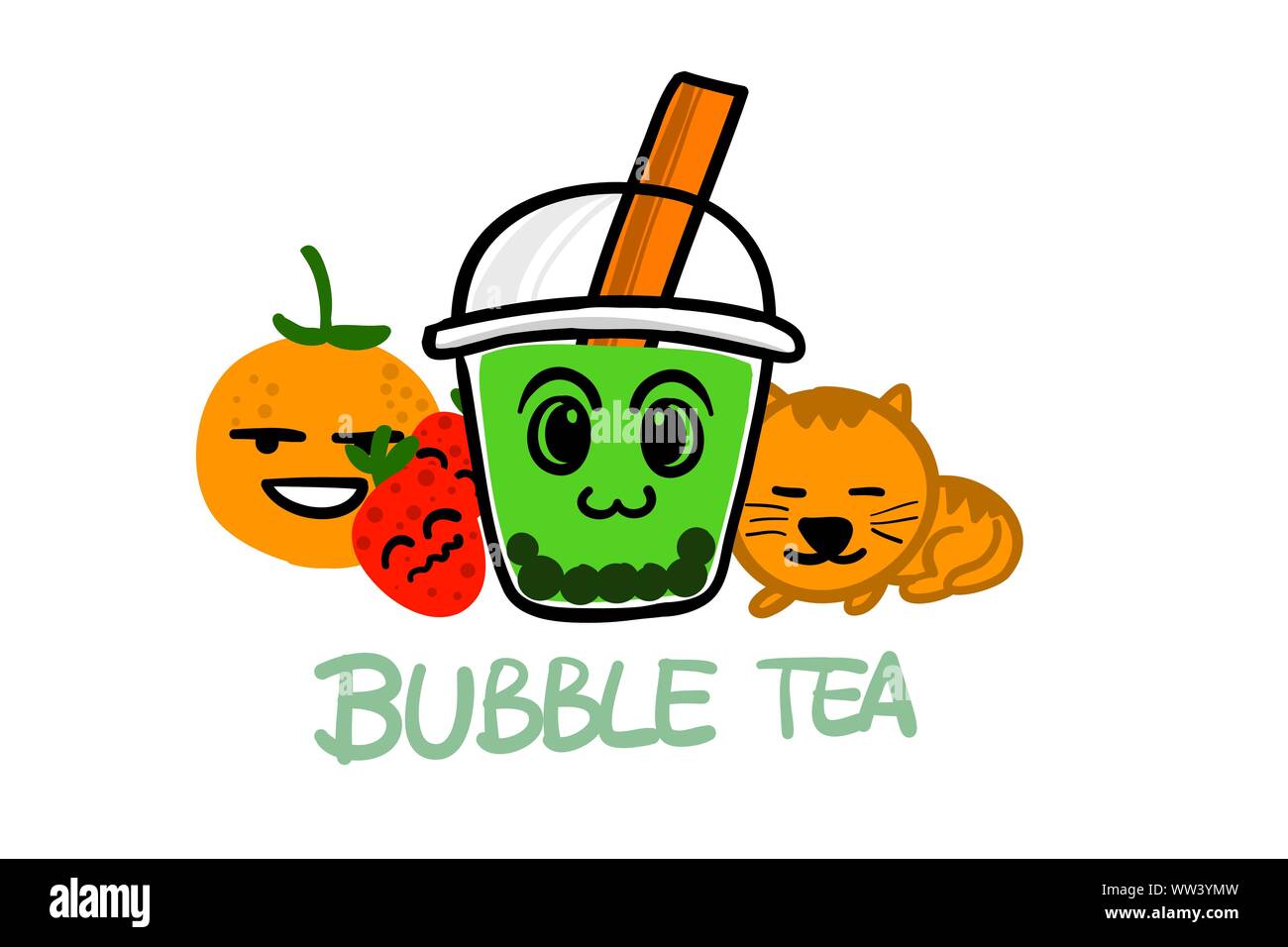 Bubble tea drawing with fruits and cat, kawaii cartoon style suitable