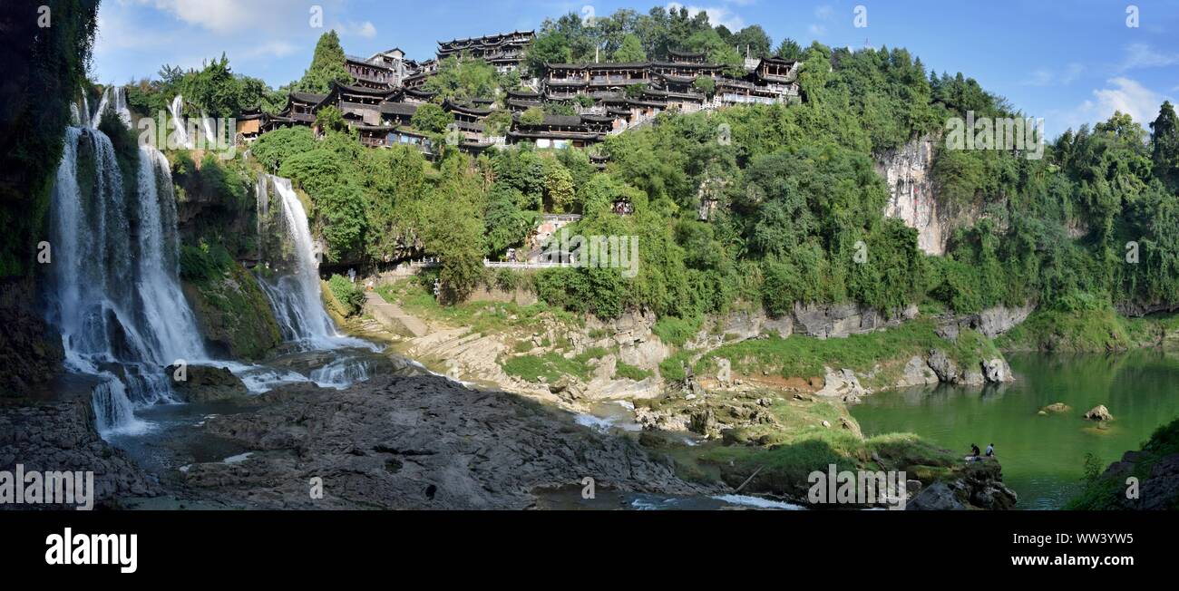 Picturesque ancient town in Hunan province in China - Hibiscus town and its  spectacular Furong Waterfall. Stock Photo