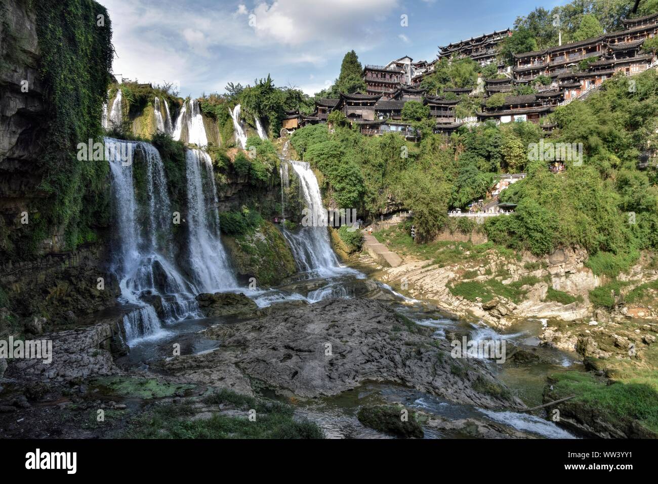 Picturesque ancient town in Hunan province in China - Hibiscus town and its  spectacular Furong Waterfall. Stock Photo