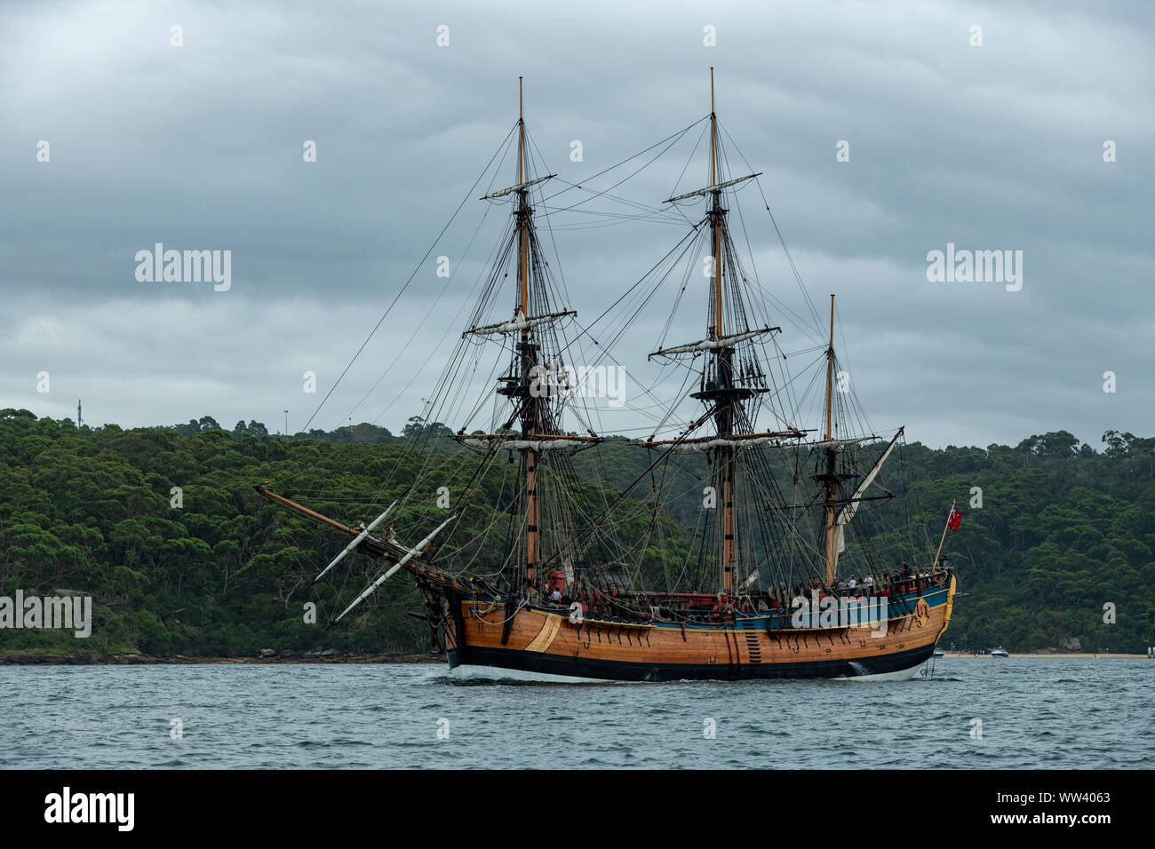 Replica of Captain Cook's sailing ship HM Endeavour. Sydney Harbour