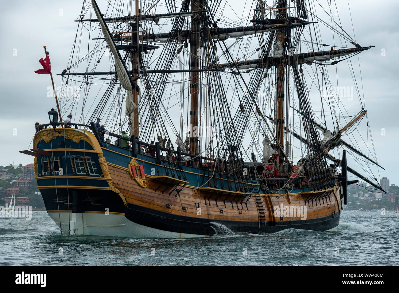 Replica of Captain Cook's sailing ship HM Endeavour. Sydney Harbour