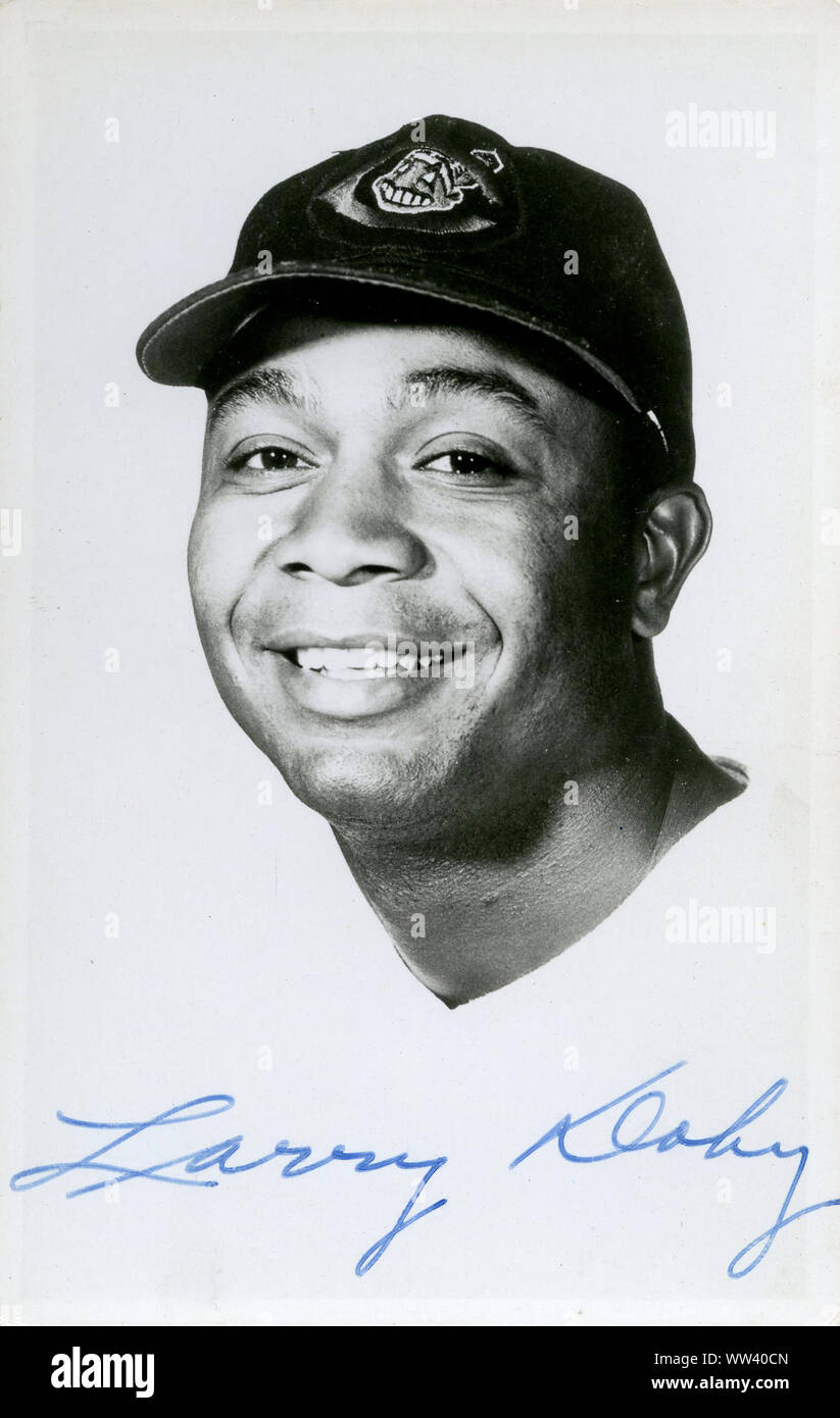 Autographed photo of Larry Doby, the African American Hall of Fame baseball player who was the second black man after Jackie Robinson to play in the Major Leagues and the first in The American League with the Cleveland Indians in 1947 just months after Robinson debuted with the Dodgers. Stock Photo