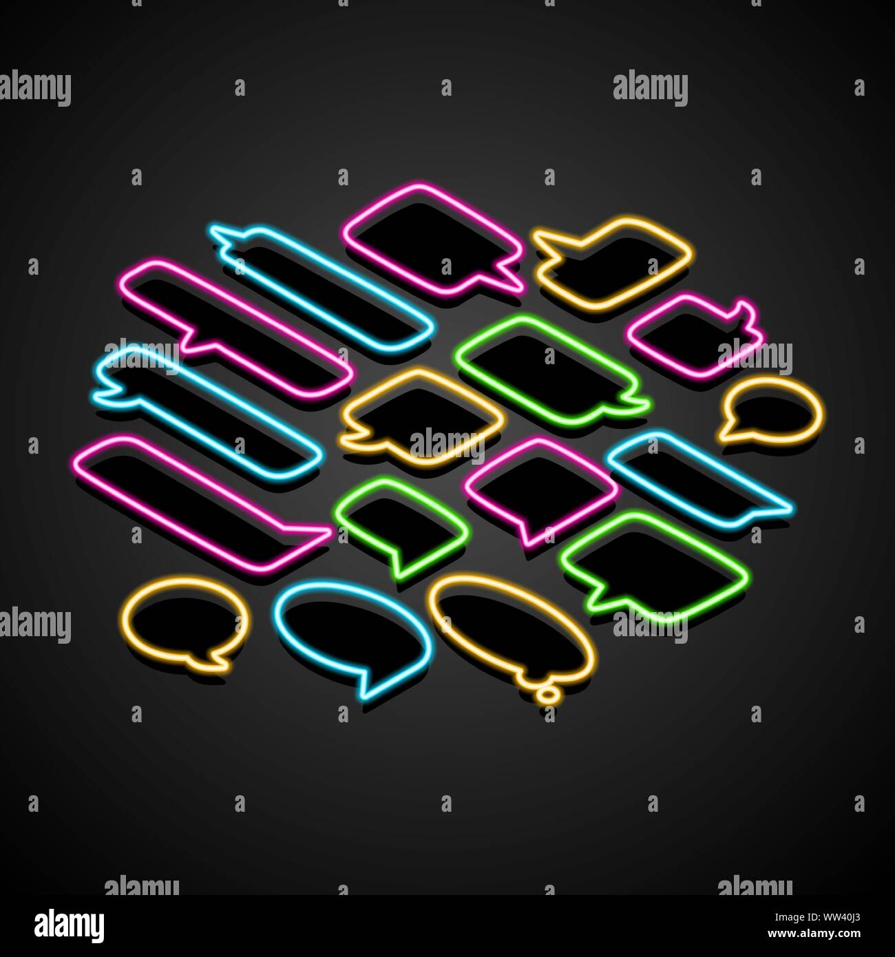 Neon isometric speech bubble on a transparent background. Bright light frames for quotes and text. Vector Stock Vector