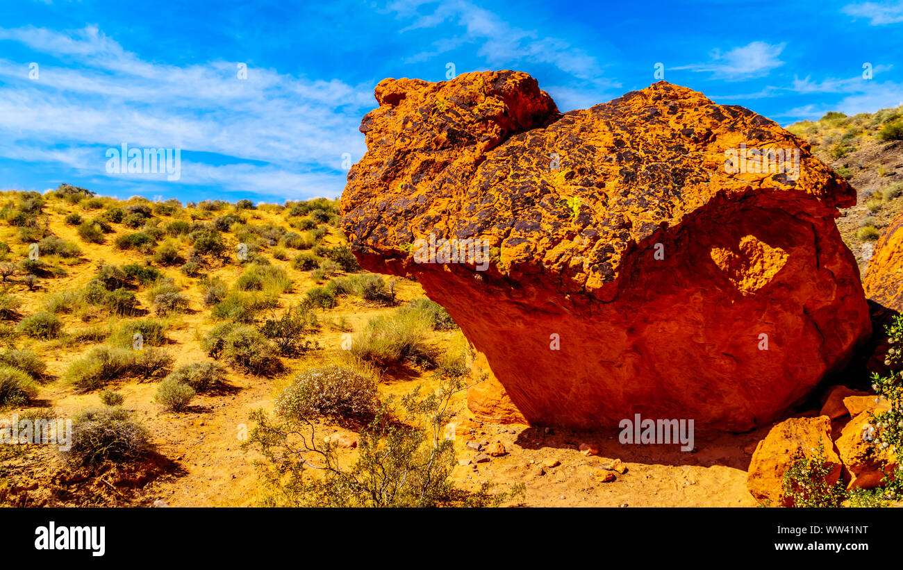 Large colorful red rock along the Fire Wave Trail in the Valley of Fire State Park in Nevada, USA Stock Photo