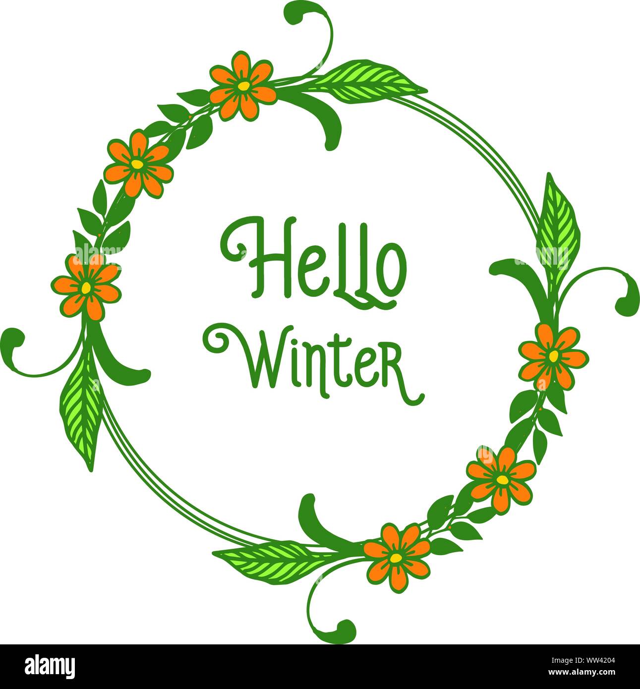 Hello winter abstract background, with orange wreath frame and green ...