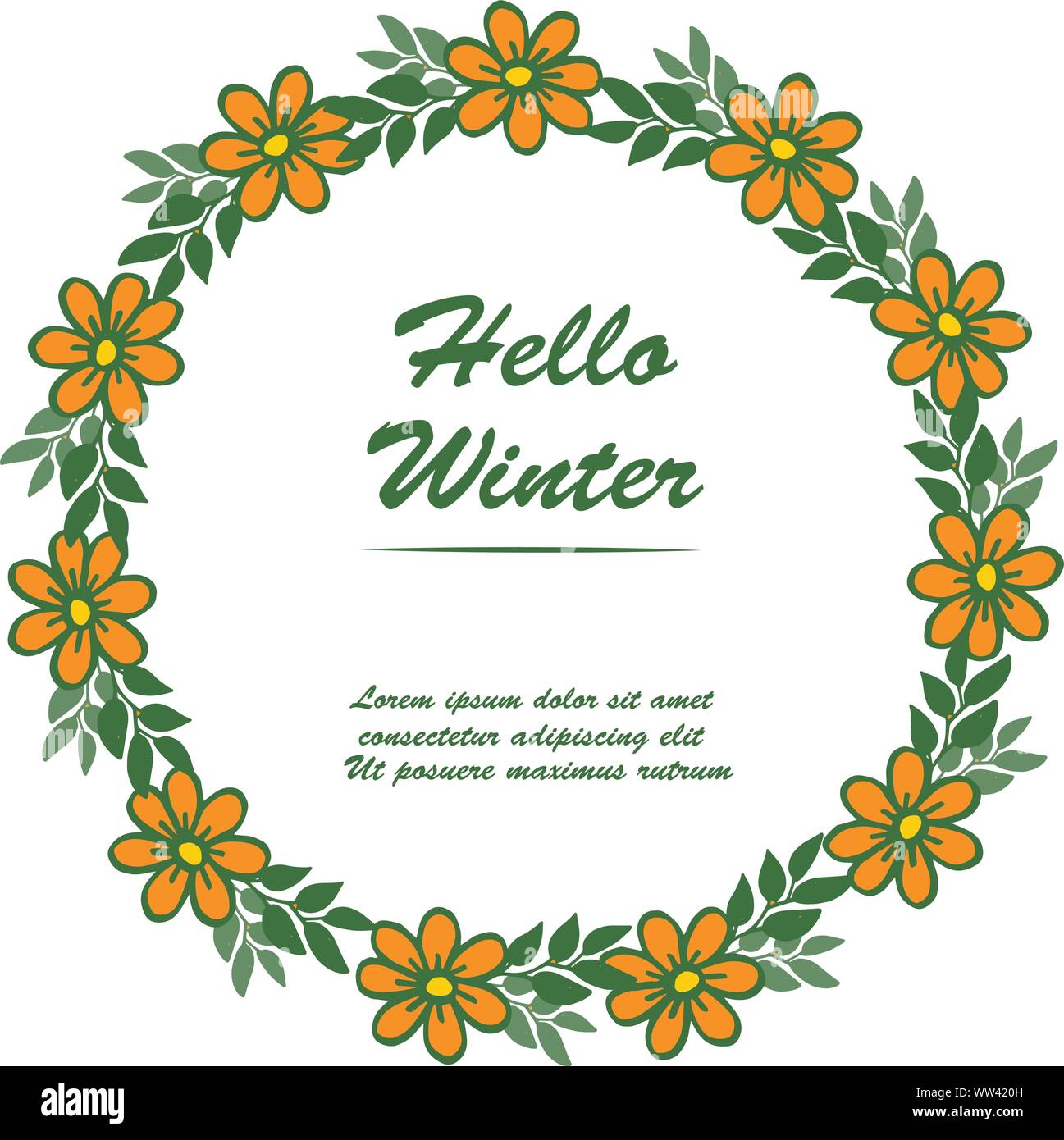 Hello winter abstract background, with orange wreath frame and green ...