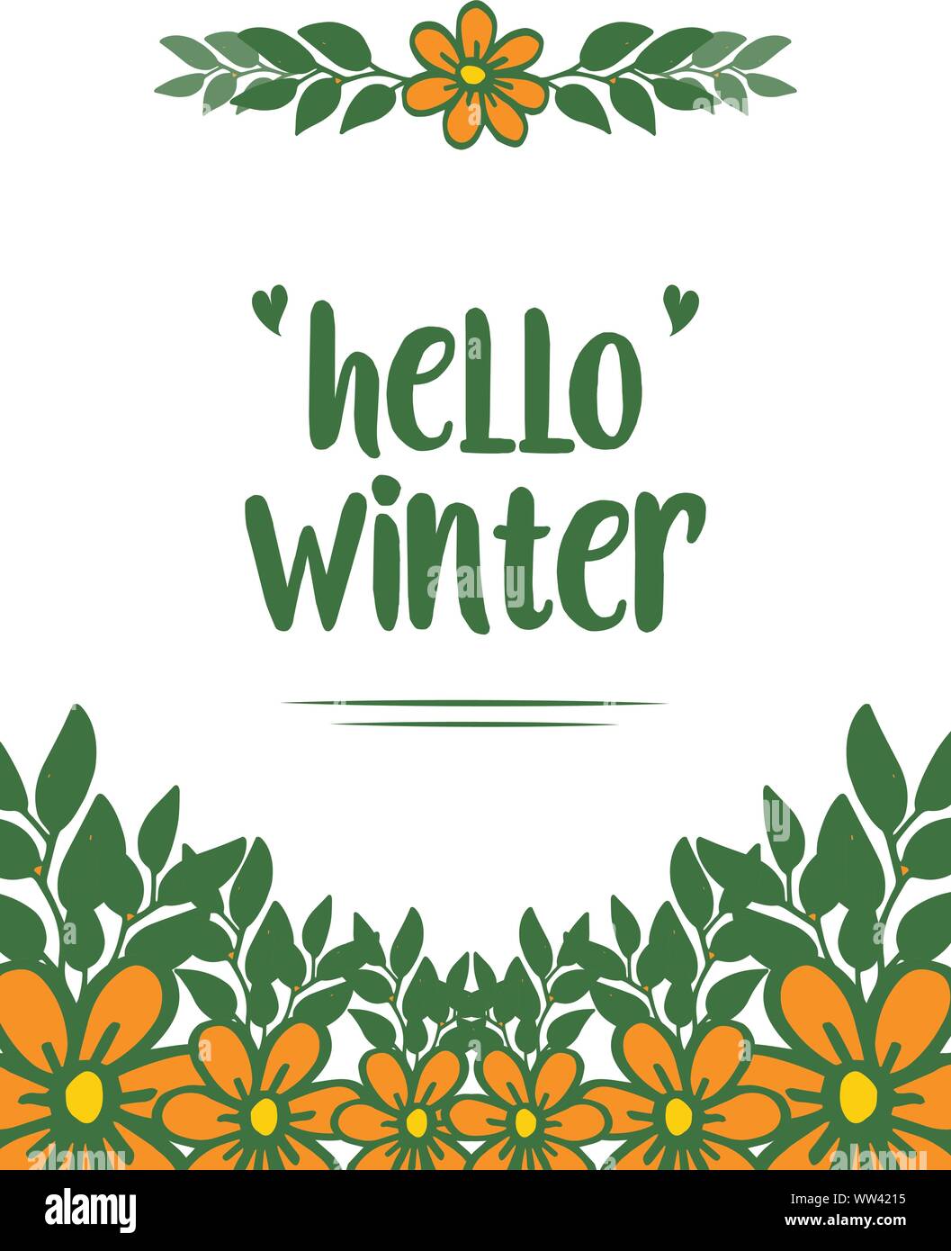 Hello winter abstract background, with orange wreath frame and green ...