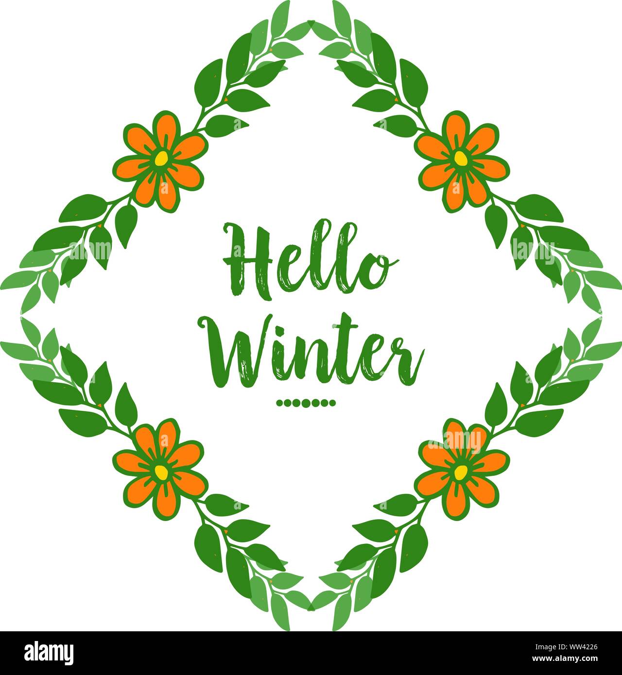 Hello winter abstract background, with orange wreath frame and green ...