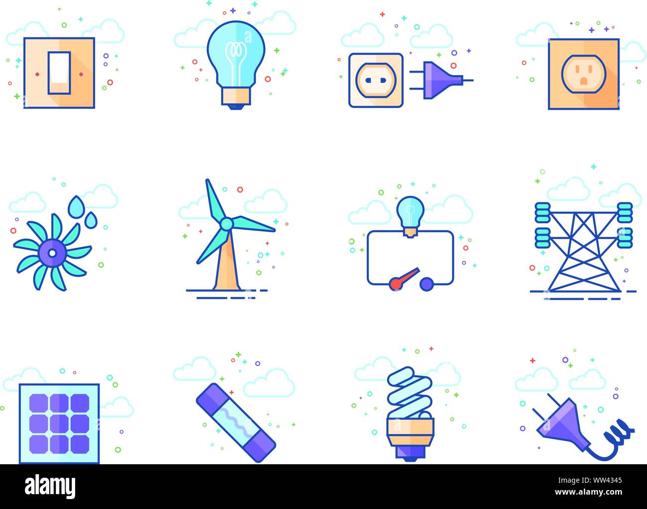 Electricity icons in flat color style. Vector illustration. Stock Vector