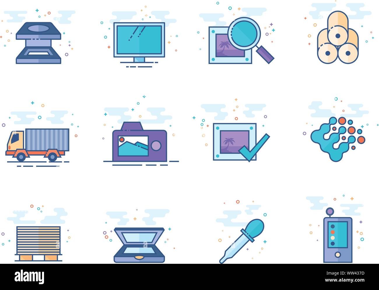 Printing & graphic design icon series in flat color style. Vector