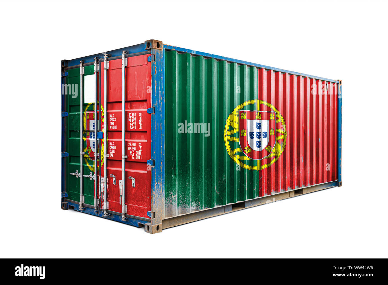 The concept of  Portugal export-import, container transporting and national delivery of goods. The transporting container with the national flag of Po Stock Photo
