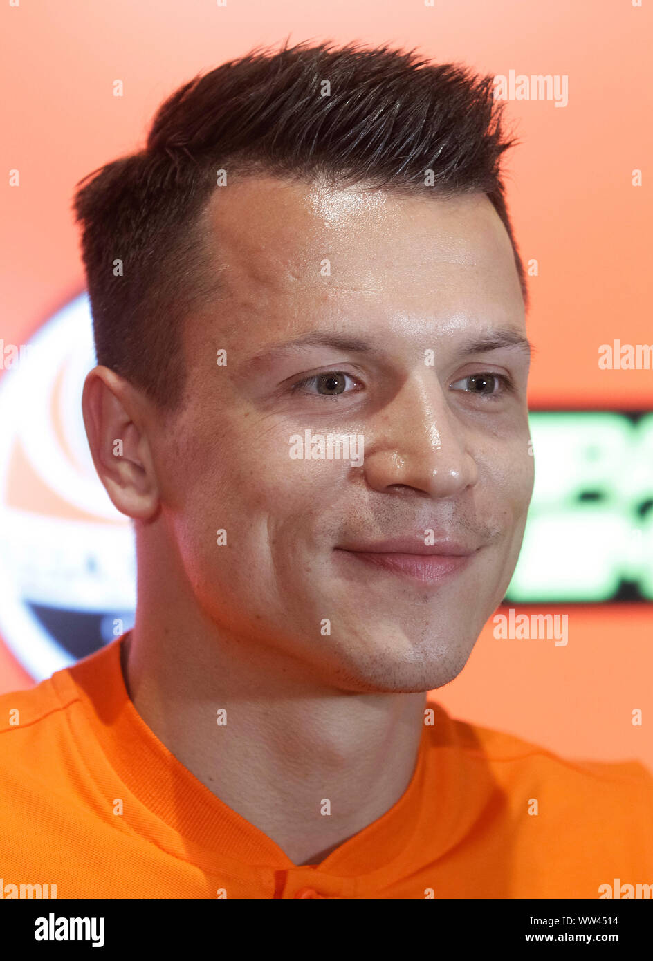 Kiev, Ukraine. 12th Sep, 2019. Yevhen Konoplyanka during his presentation in Kiev, Ukraine.Ukrainian FC Shakhtar Donetsk signed a five years agreement with 19-year-old Brazilian defender Vitao and three years agreement with 29-year-old Ukrainian Yevhen Konoplyanka. Credit: SOPA Images Limited/Alamy Live News Stock Photo