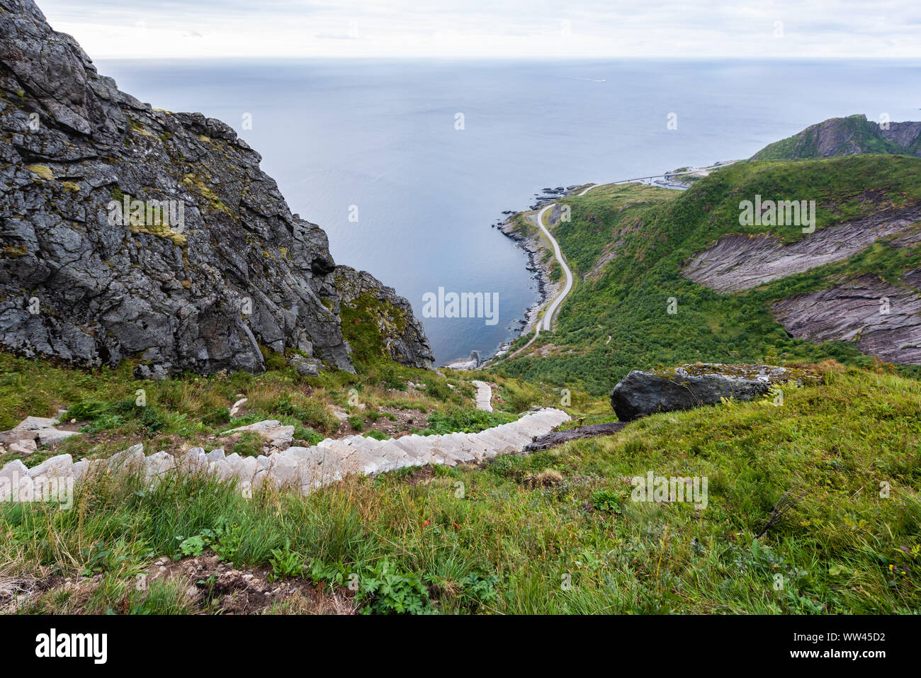 Trail from Reinebringen of Reine, Lofoten islands, Norway Stock Photo