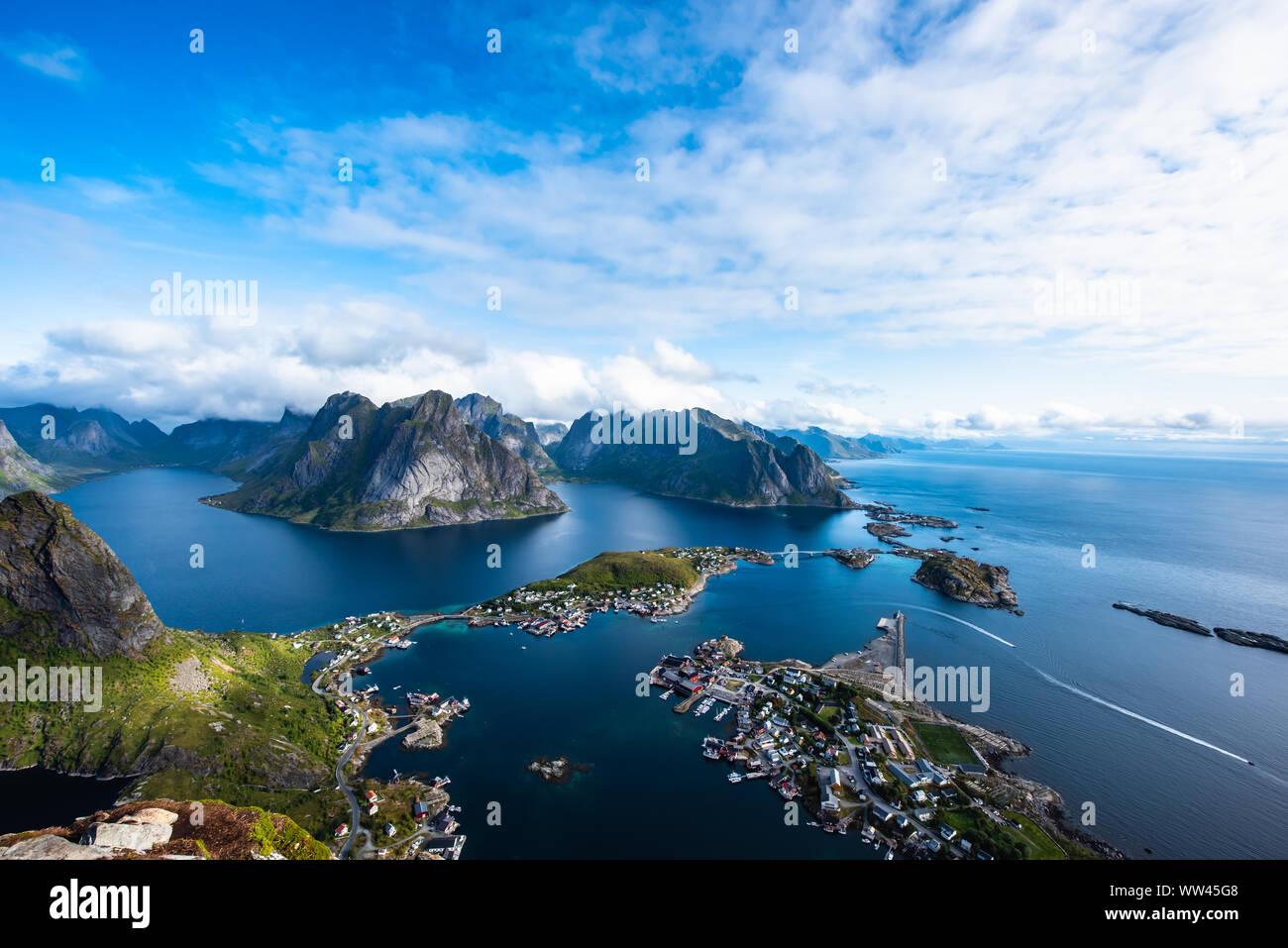 Reine from Reinebringen,view on stunning mountains of Lofoten islands, Norway Stock Photo