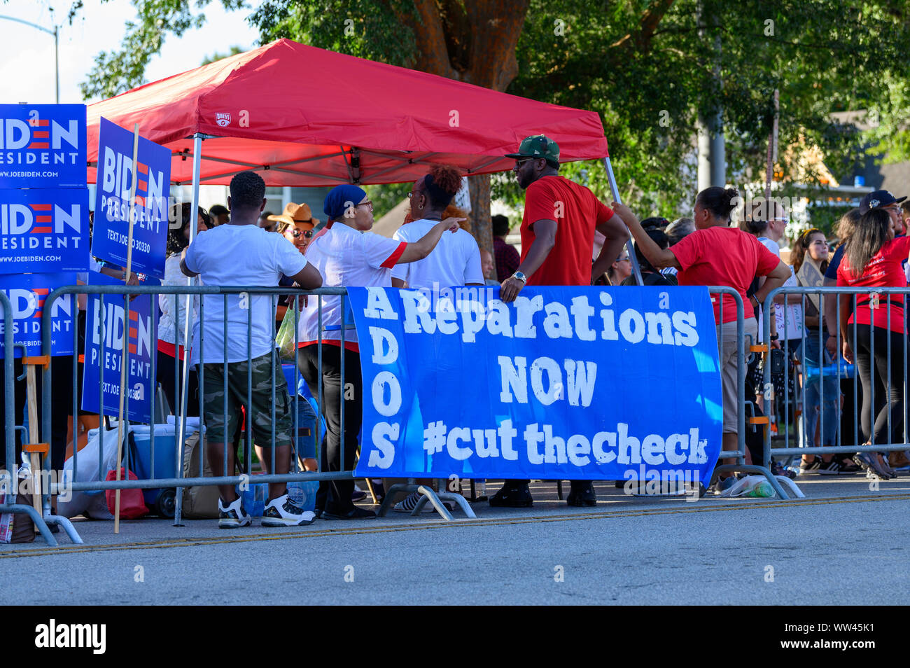 Houston, Texas - September 12, 2019: Small, vocal group of ADOS activists demand reparations for slavery outside Democratic primary debate venue near Stock Photo