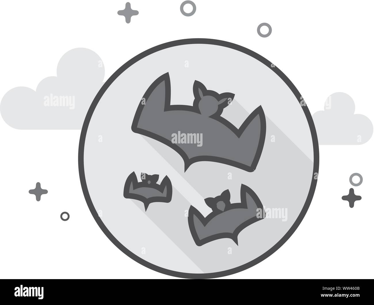 Bats and moon icon in flat outlined grayscale style. Vector illustration. Stock Vector