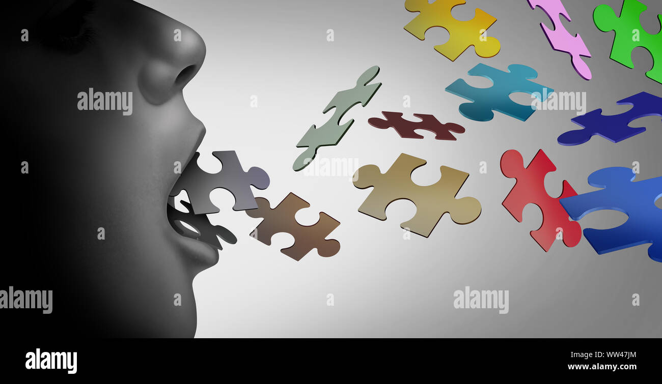 Autism and speech therapy concept or special education for a verbal learning developmental disability with 3D illustration elements. Stock Photo