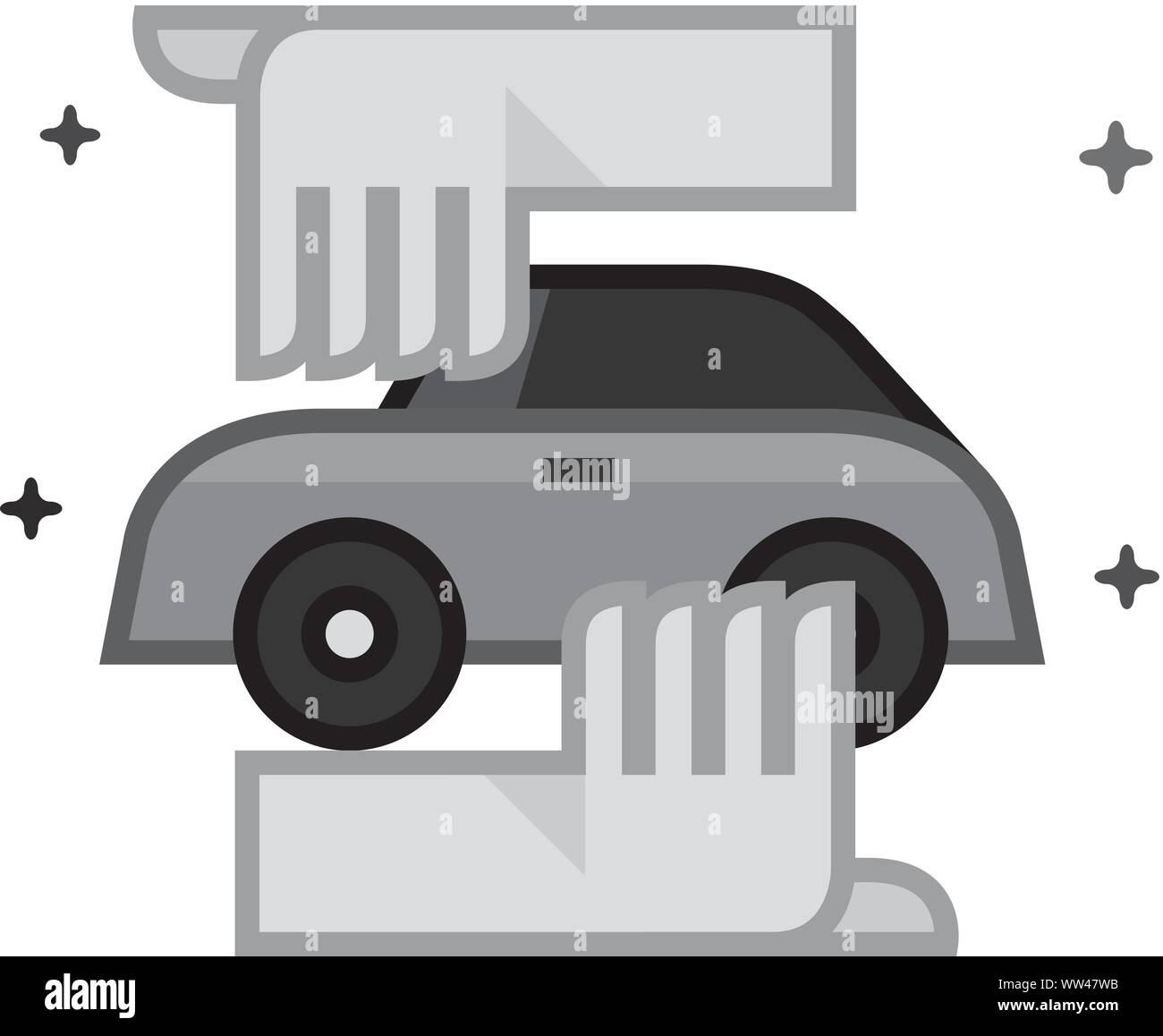 Hand holding car icon in flat outlined grayscale style. Vector ...