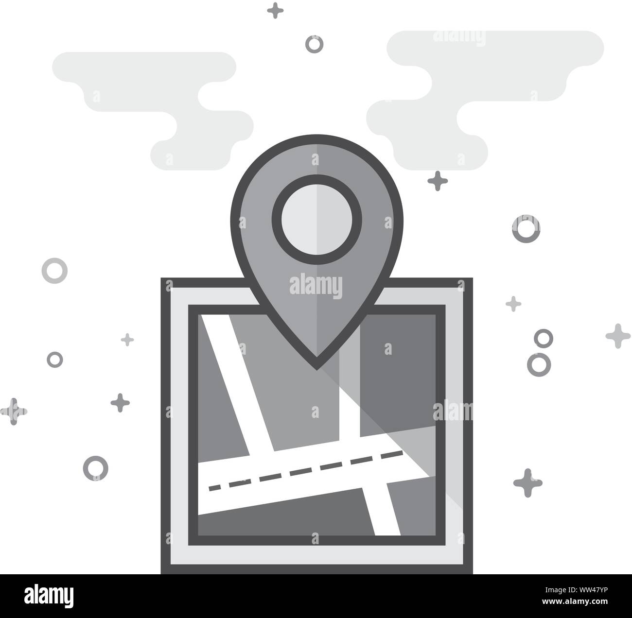 Pin location map icon in flat outlined grayscale style. Vector ...