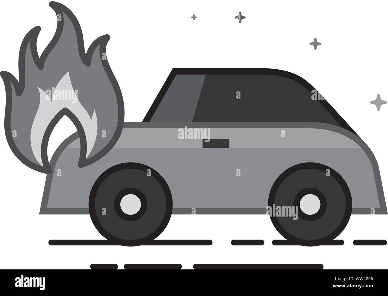 Car on fire icon in flat outlined grayscale style. Vector illustration ...