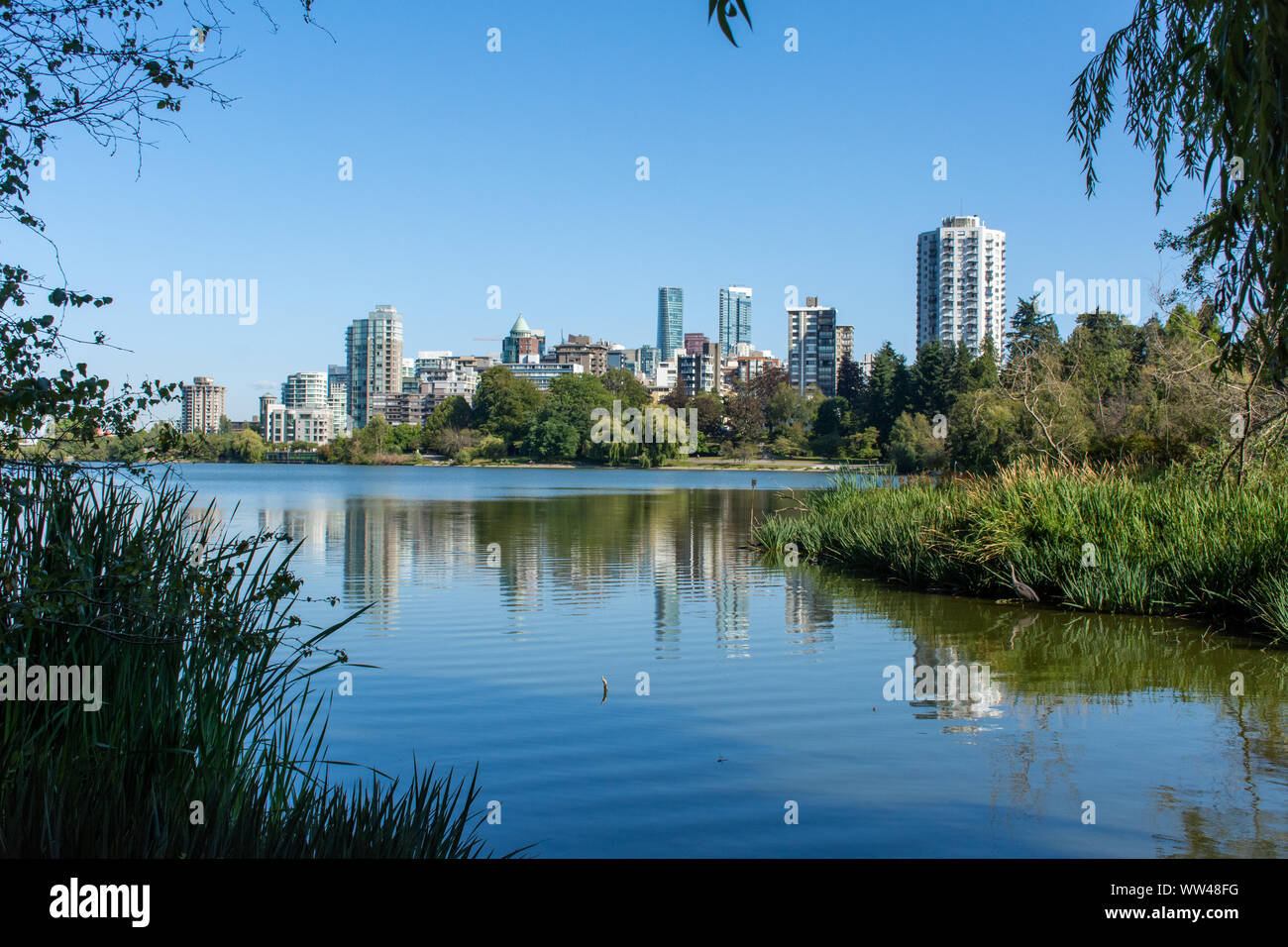 Lost Lagoon in Stanley Park in Vancouver, British Columbia, Canada looking towards downtown urban apartments near the beautiful summer nature. Stock Photo
