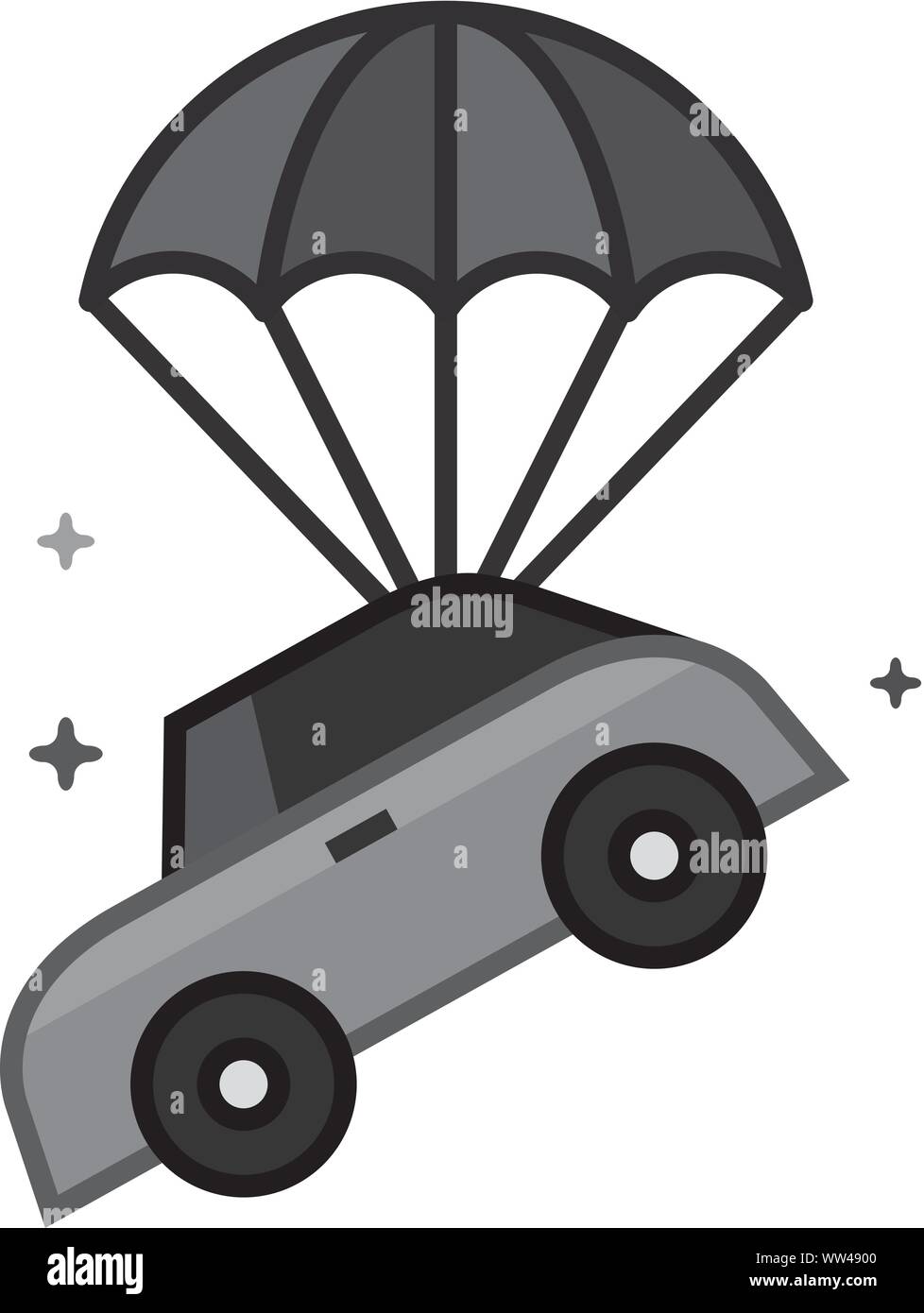 Car parachute icon in flat outlined grayscale style. Vector