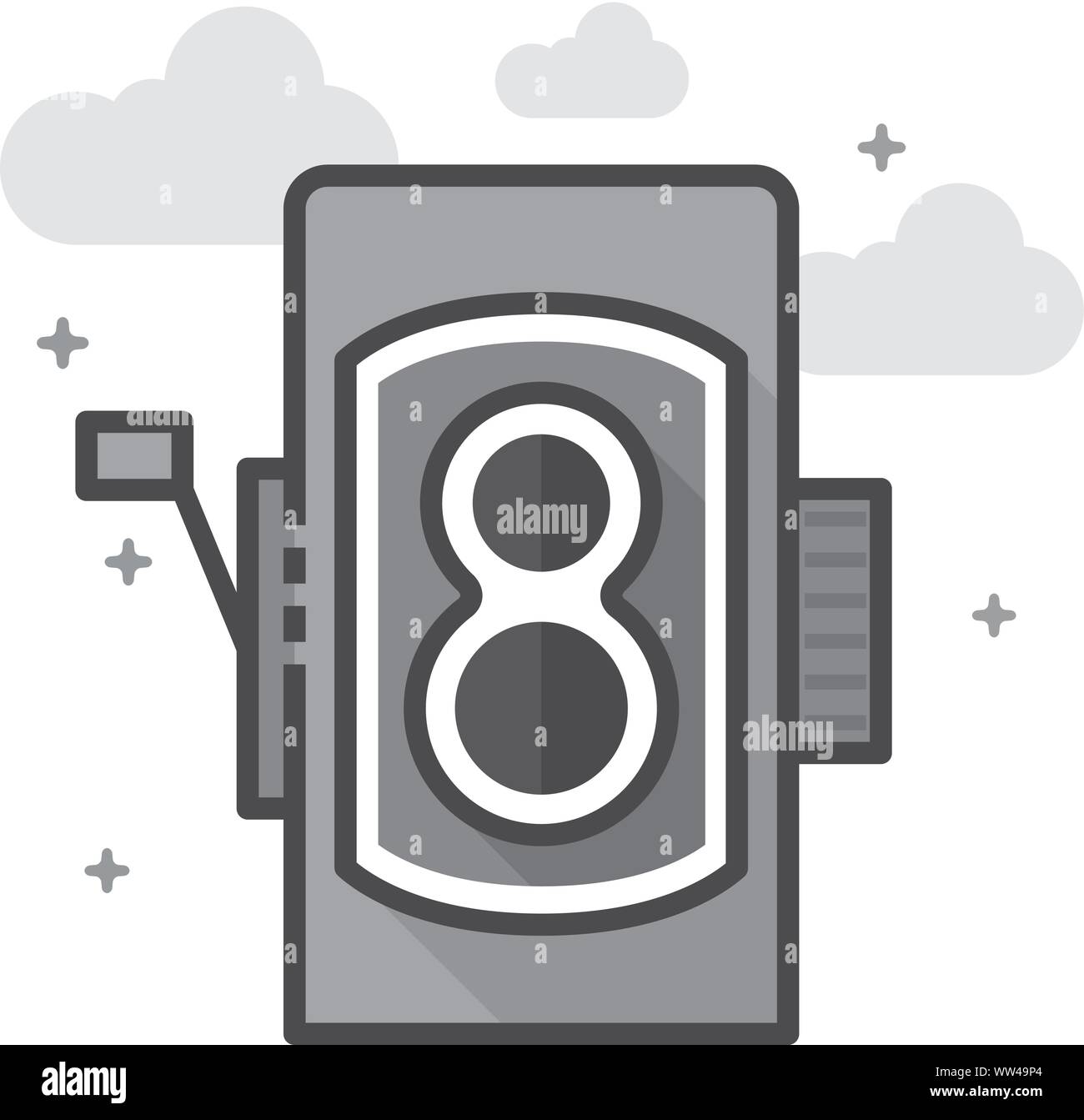 Twin lens reflex camera icon in flat outlined grayscale style. Vector illustration. Stock Vector