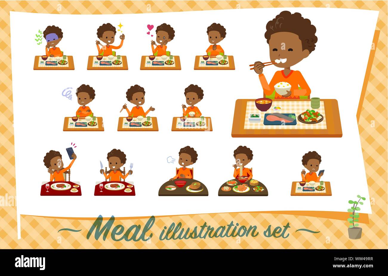 A set of boy about meals.Japanese and Chinese cuisine, Western style dishes and so on.It's vector art so it's easy to edit. Stock Vector