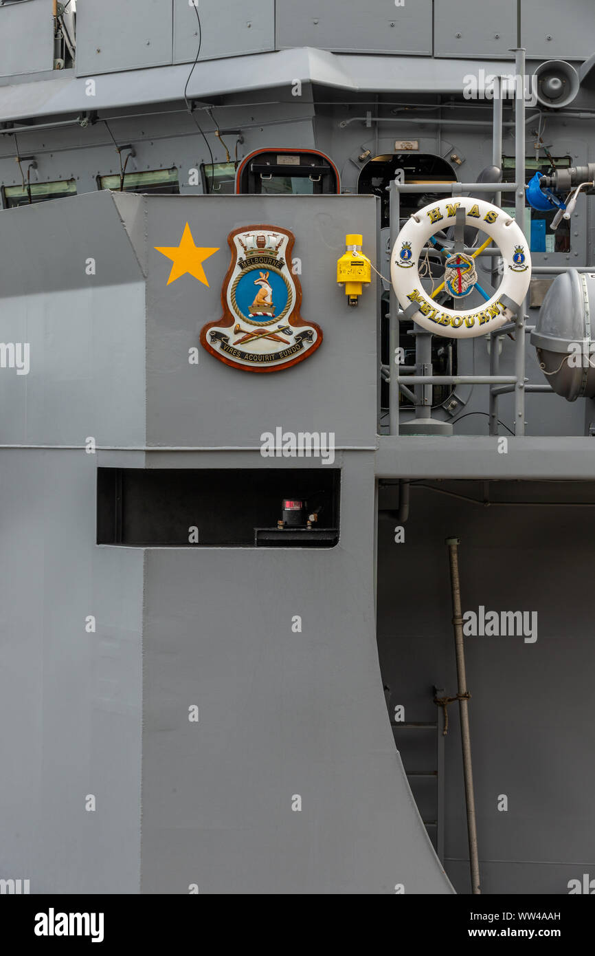 Station Pier, Melbourne, Australia. 13 September, 2019. HMAS Melbourne (III) (Pictured), a guided missile frigate, visiting her namesake city of Melbourne, Victoria for the last time before the ship's decommissioning later this year.   While in Melbourne, the ship's company will hold an open day on Sunday, 15 September 2019 with the public welcome to come aboard and tour the last Adelaide class frigate to serve with the Royal Australian Navy. Credit Dave Hewison / Alamy Live News Stock Photo