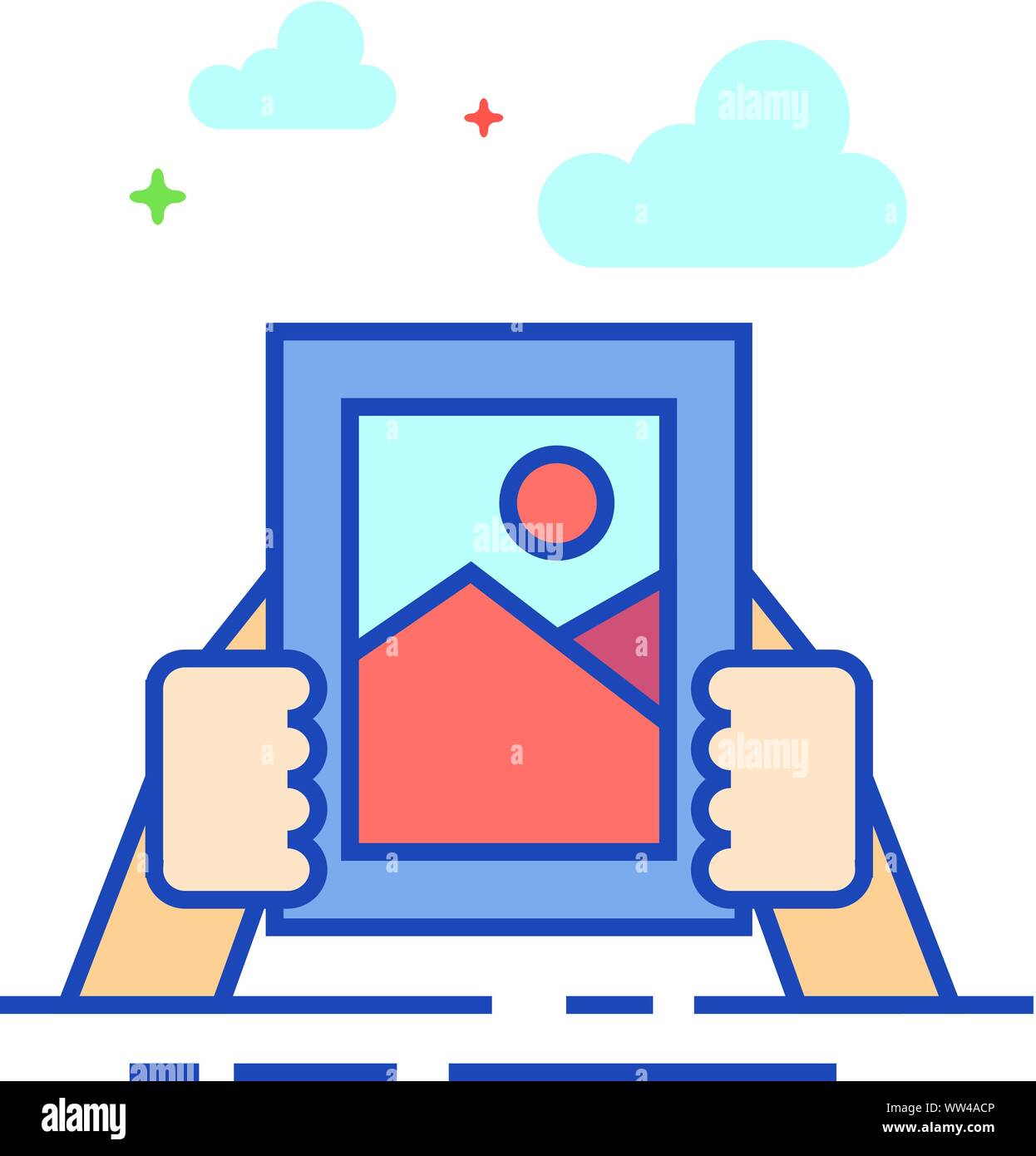 Hand holding painting icon in outlined flat color style. Vector ...